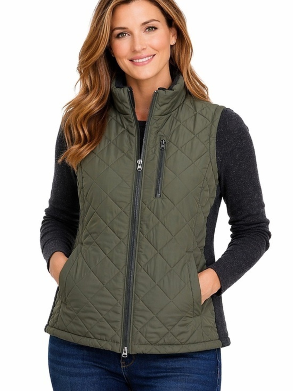 Andrew Marc Quilted Zip Vest Olive Green Womens Small